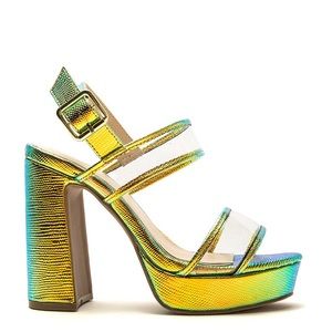 Qupid LIGHTING Iridescent Block Platform Open Toe Mary Jane Sandal Heels